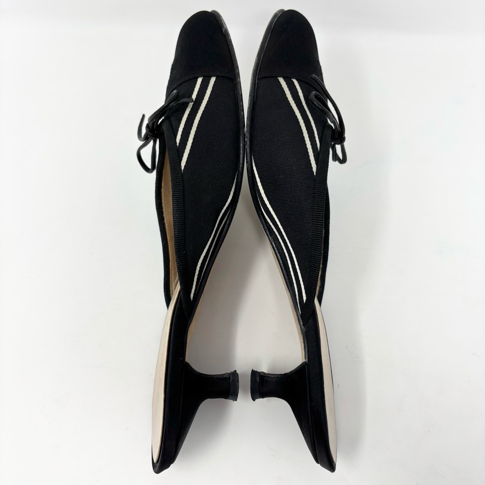 Chanel CC Cap Toe Bow Mules Black Canvas Kitten Heel Size 37.5 Y2K Vintage Satin - Picture 9 of 16